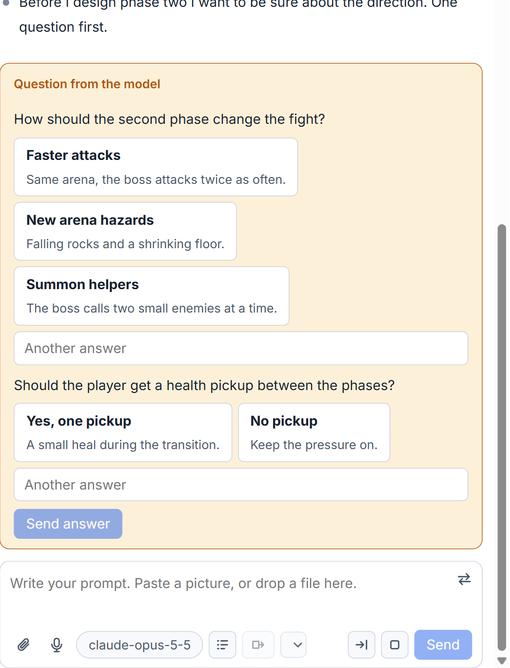 A question from a session shown as a form with choices