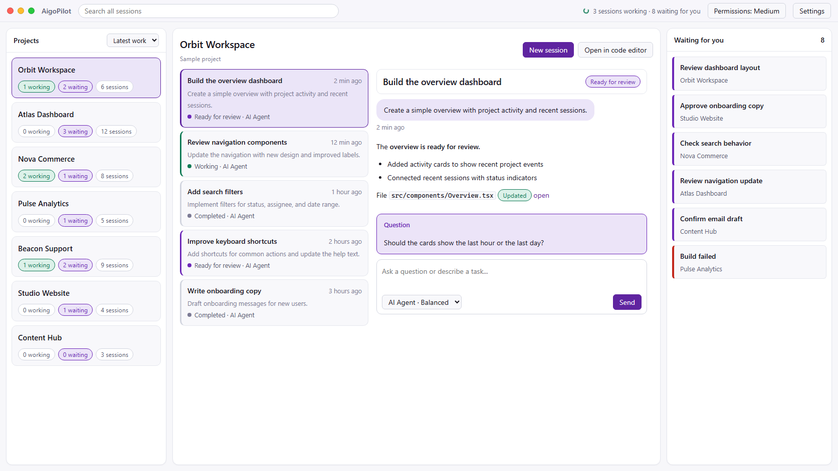 AigoPilot: projects on the left, coding sessions in the middle, and items waiting for you on the right. Sample project data.